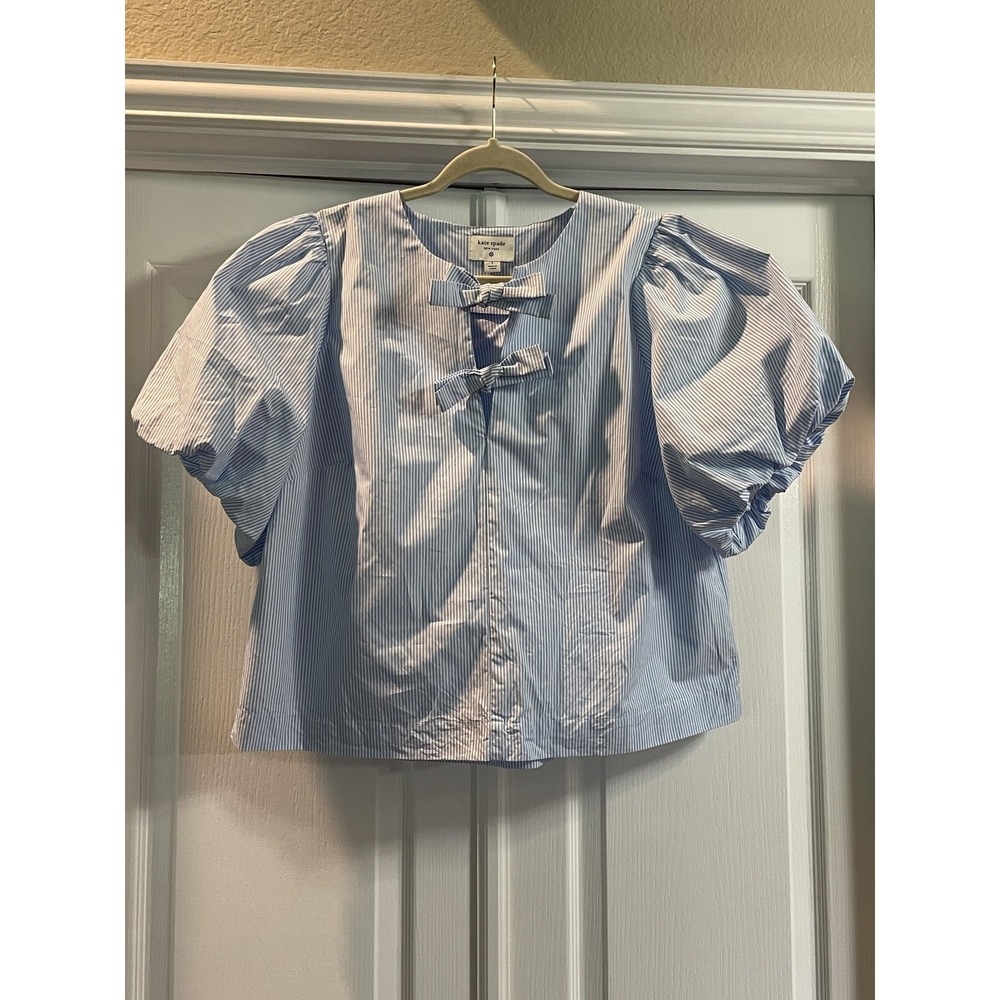 Kate Spade New York Blouse Womens L Blue Cotton Striped Puff Sleeve Bow Top